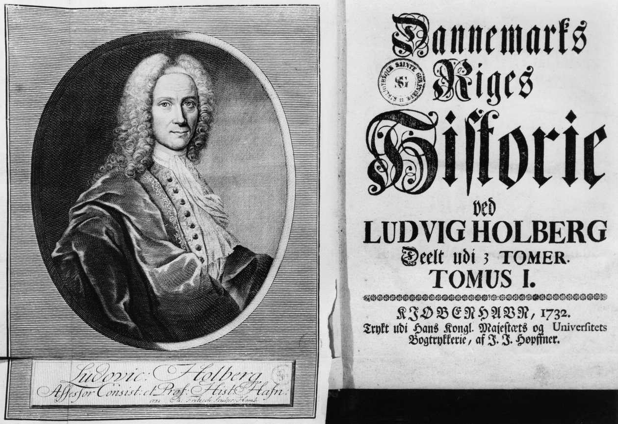 Báró Ludvig Holberg (1684-1754) és Dánia története I. kötetének címlapja, Koppenhágában, 1732 alkotó: Christian Friedrich Fritzsch