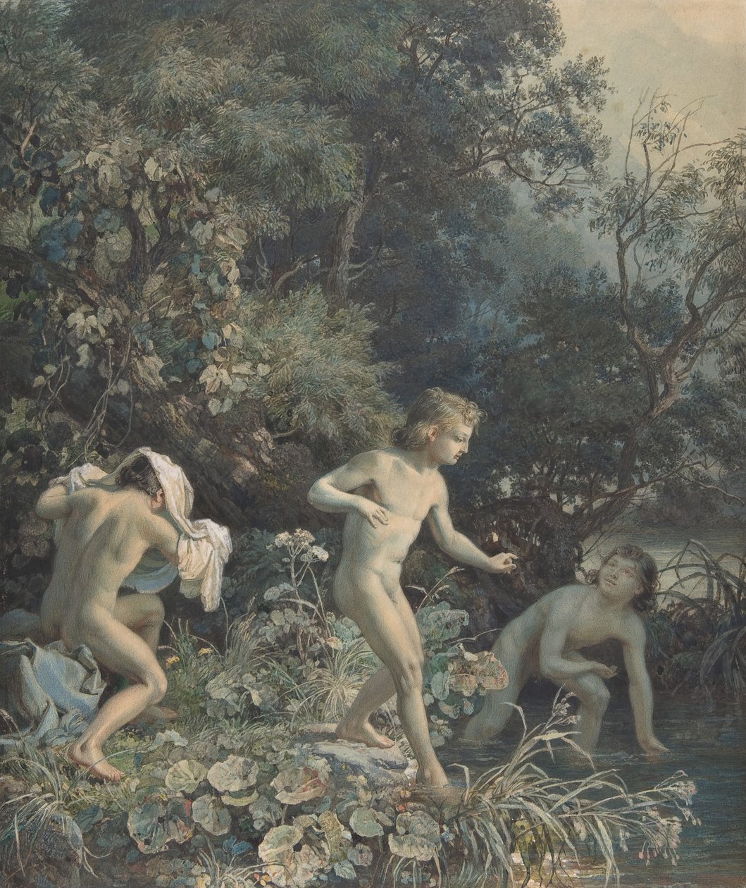 Folyópart három fürdőző fiúval, 19. század. alkotó: Christian Friedrich Gille
