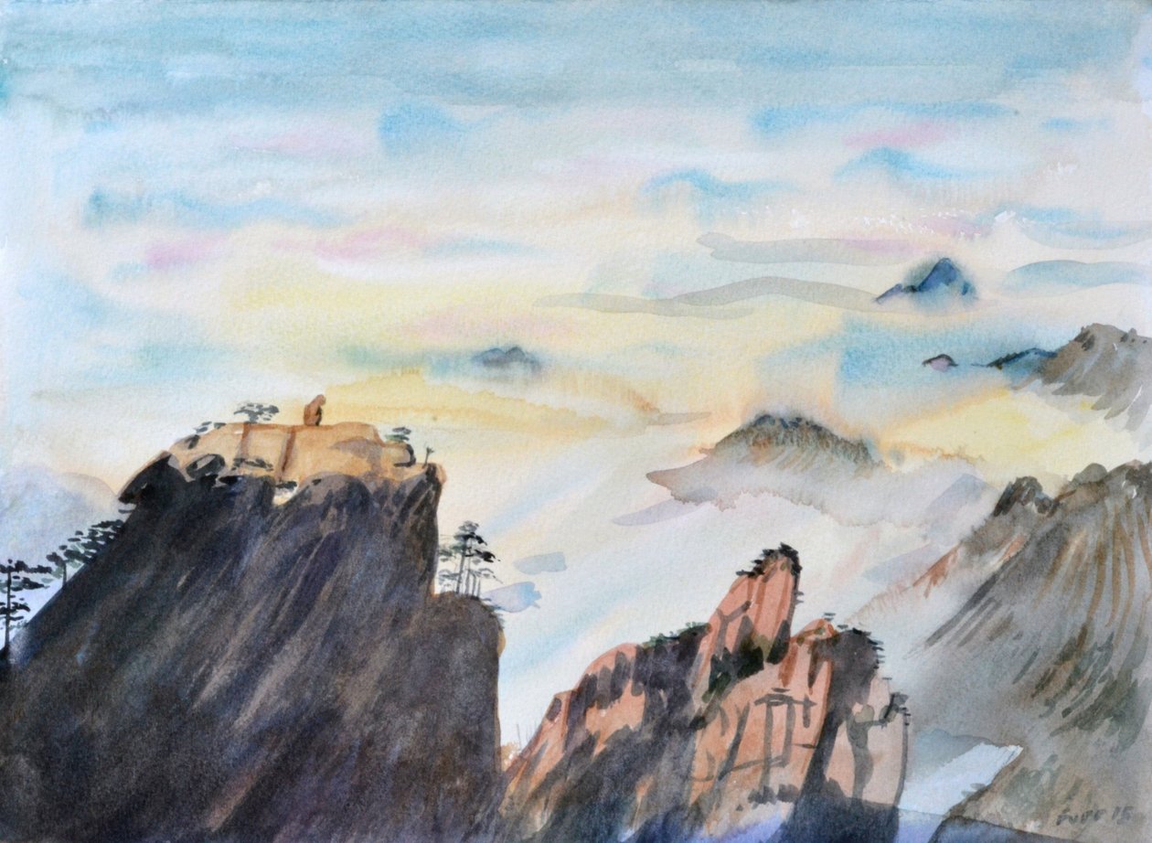 Stone Monkey Gazing Over a Sea of Clouds, 2015 (akvarell, papír) alkotó: Christian Furr