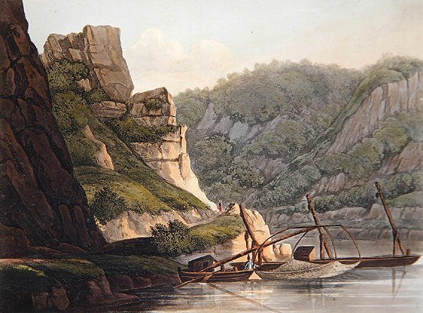 Lazachalászat Lurley-ben, metszett T. Sutherland, „A festői túra a Rajna mentén, Mentztől Kölnig” című könyvéből, R. Ackermann, London alkotó: Christian Georg II (after) Schutz or Schuz