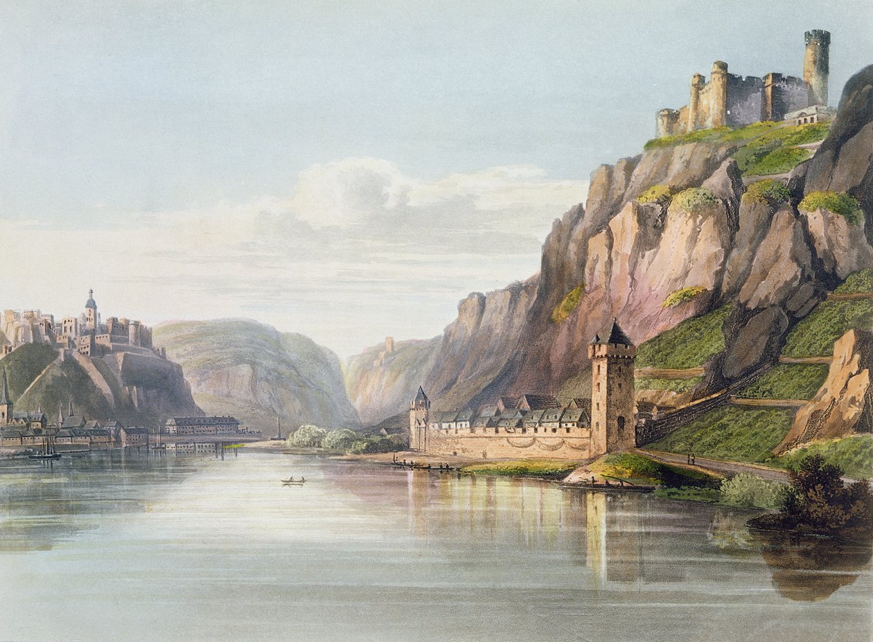 St. Goarshausen, St. Goar és Rheinfels, T. Sutherland metszetében, az „Egy festői túra a Rajna mentén, Mentztől Kölnig” című művéből, R. Ackermann, London, 1819 alkotó: Christian Georg II Schutz or Schuz