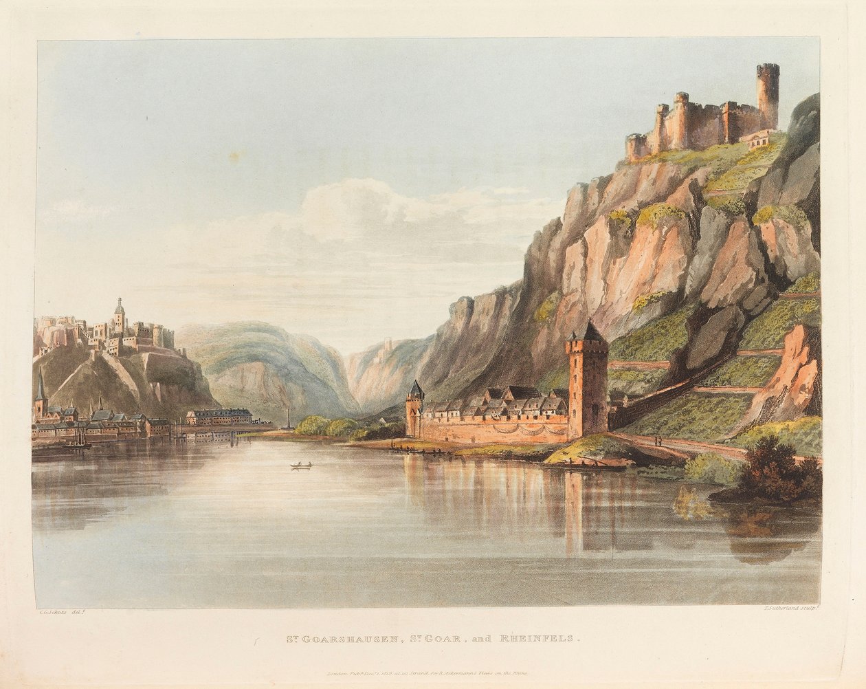 St. Goarshausen, St. Goar és Rheinfels. Forrás: Festői túra a Rajna mentén, 1820. alkotó: Christian Georg Schütz the Younger