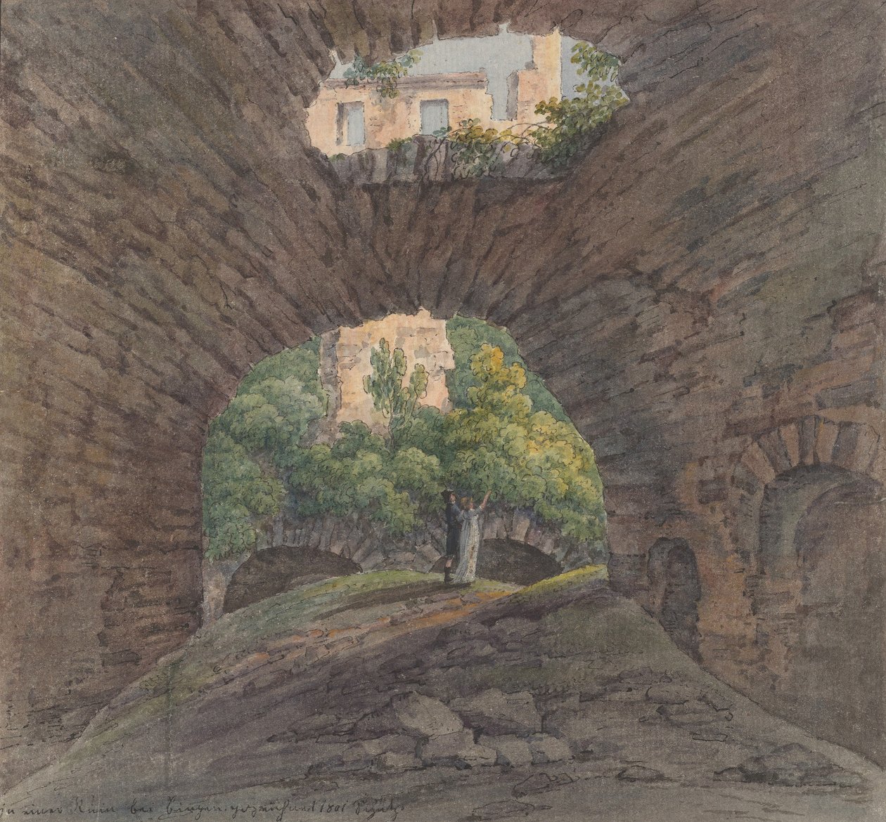 Egy fiatal pár romokat nézeget Bingen közelében, 1801. alkotó: Christian Georg Schutz