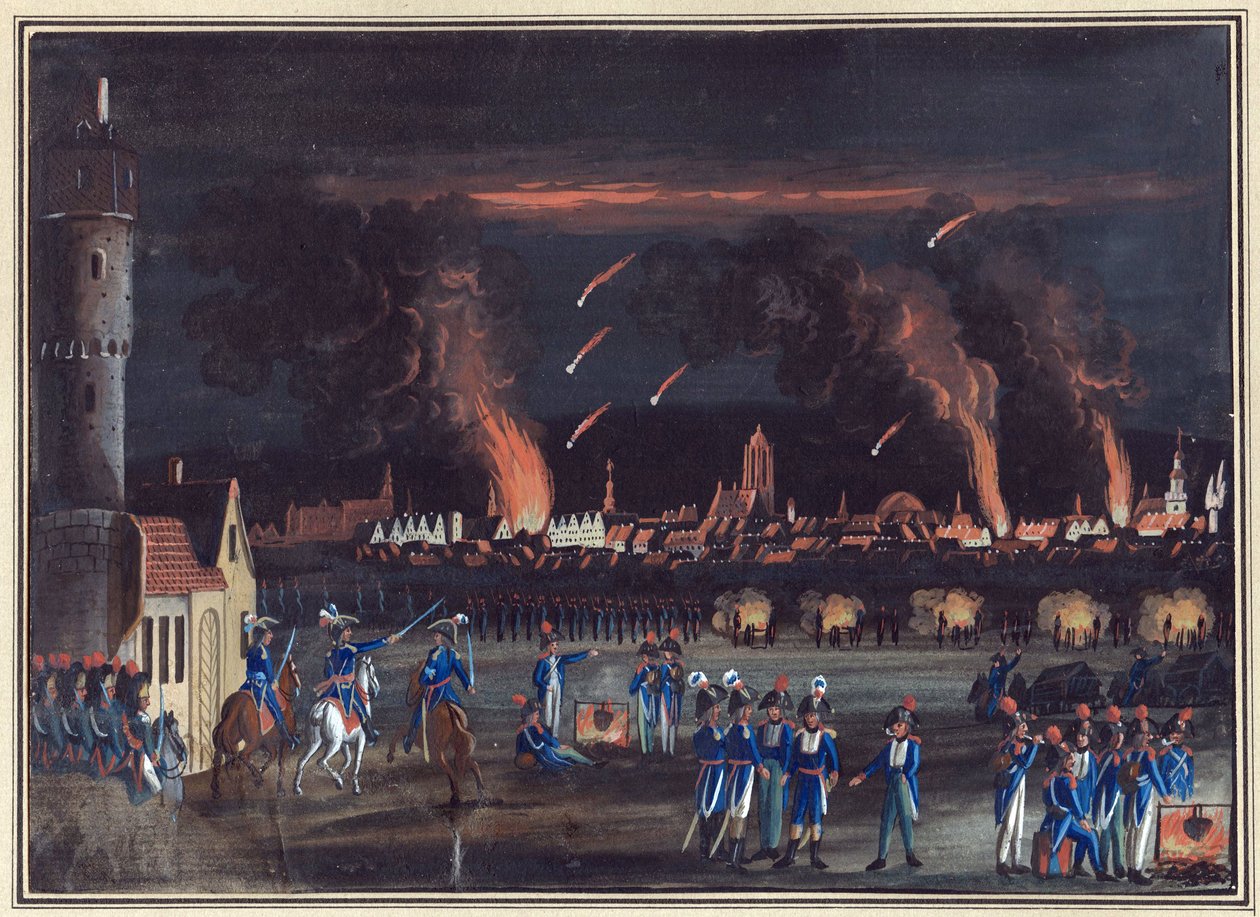 Első koalíció – 1796. június 13.: Frankfurt am Main (Frankfurt) bombázása a francia hadsereg által Frankfurt am Main (Frankfurt) bombázása a francia hadsereg által, július 13. alkotó: Christian Georg the Elder Schuetz