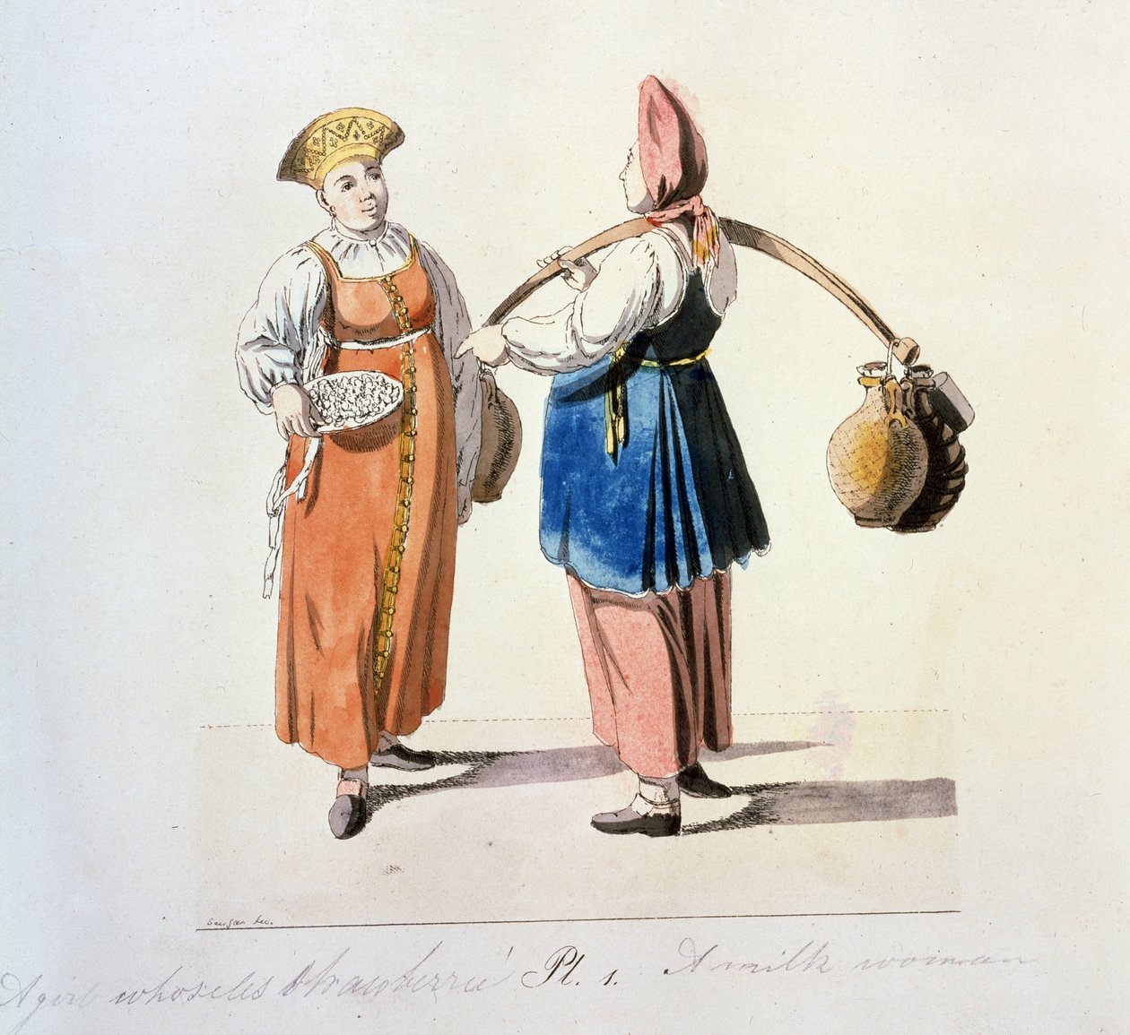Sorozat sur les marchands de Moscow: tejtermékek. Tejésznő (A moszkvai kereskedők című sorozatból). Christian Gottfried Heinrich Geissler (1770-1844) rajza alkotó: Christian Gottfried Geissler