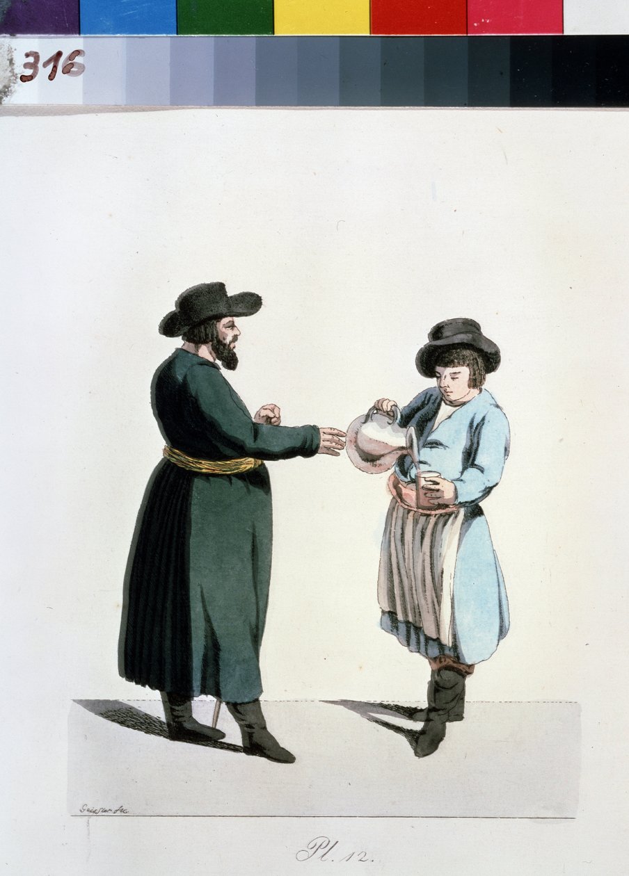 Sorozat a moszkvai kereskedőkről: kvass (kwas vagy kwass) eladó. Kvasz árus (A moszkvai kereskedők sorozatból). Christian Gottfried Heinrich Geissler (1770-1844) rajza alkotó: Christian Gottfried Geissler
