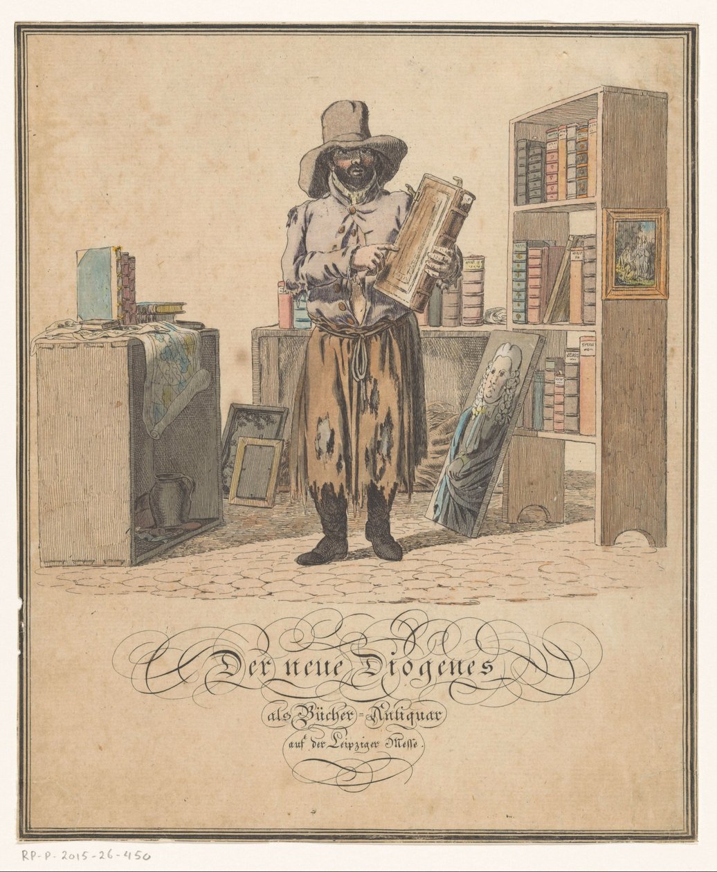 Johann Gottlob Helmert könyveinek portréja Az új Diogenész könyvkereskedőként a lipcsei vásáron (cím a tárgyon) alkotó: Christian Gottfried Heinrich Geissler (possibly)