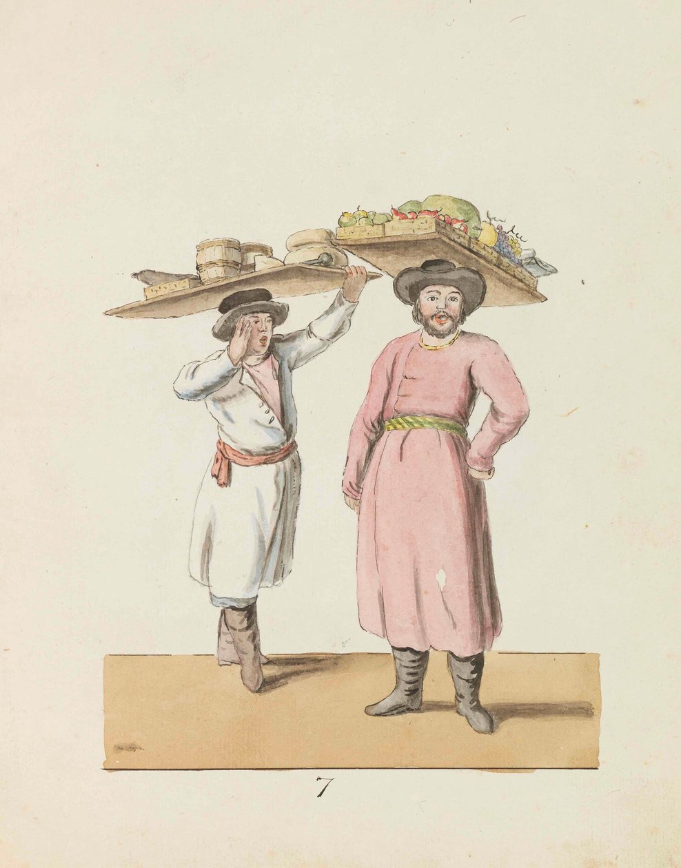 Gyümölcsárus és sajtot és heringet árusító paraszt A Szentpétervár... sorozatból, 1799. alkotó: Christian Gottfried Heinrich Geissler