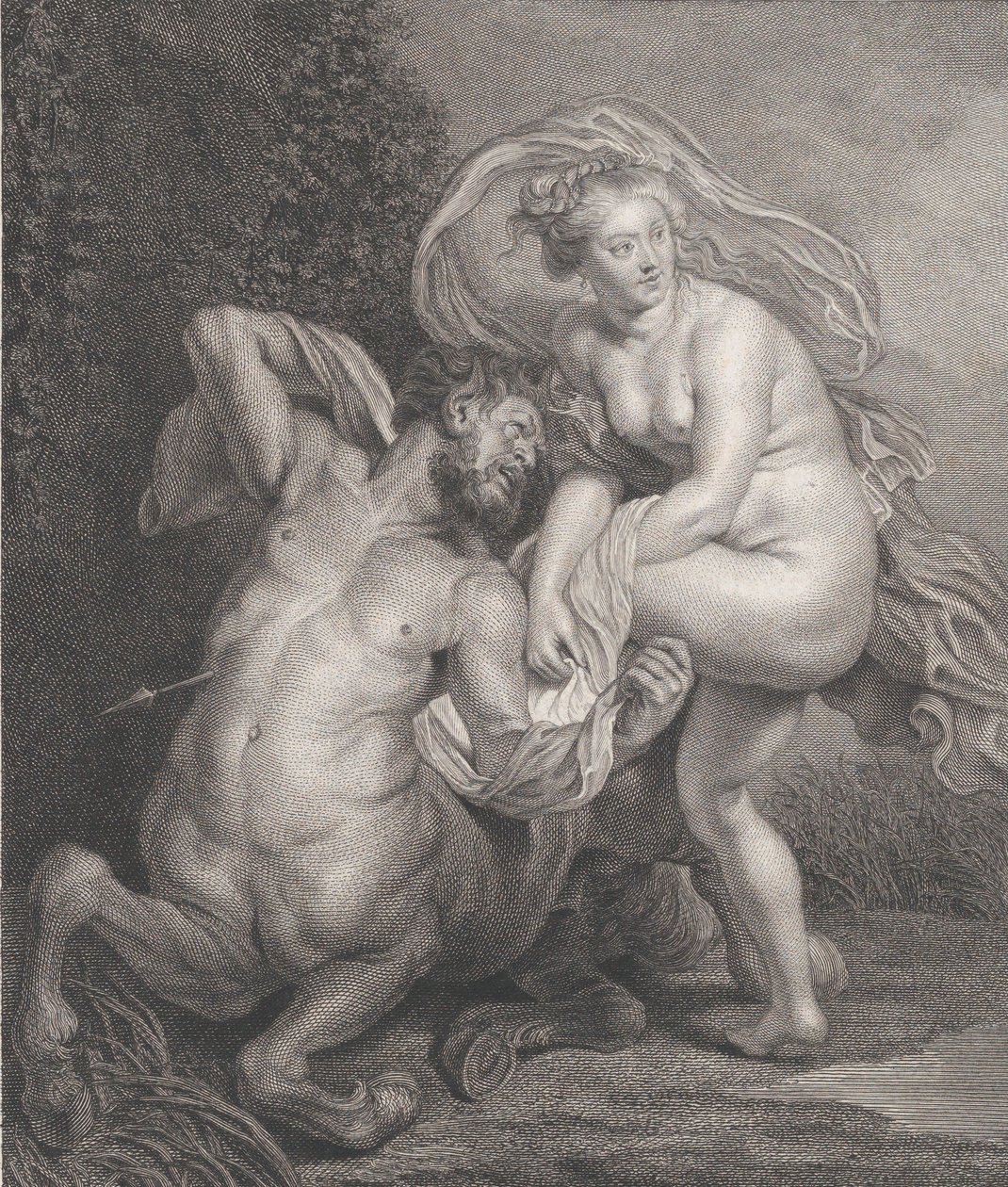 Deianeira átveszi Nessustól a megmérgezett tunikát, és a megsebesült kentaur a..., 1778. alkotó: Christian Gottfried Schulze