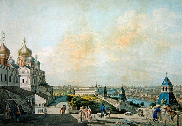 Moszkva, a város látképe, a Kremltől balra (metszet, akvarell) alkotó: Christian Gottlob Hammer