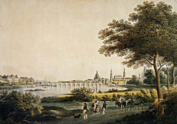 Drezda kilátása délnyugati oldalról (színes metszet) alkotó: Christian Gottlob Hammer