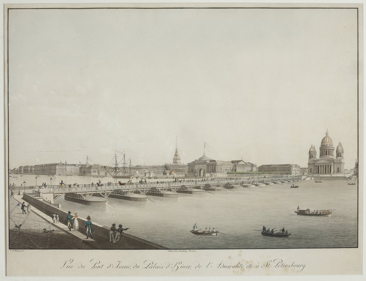 Kilátás a pétervári Szent Izsák-hídra – Christian Gottlieb Hammer (1779-1864). Rézkarc, akvarell, 1820 előtt. Szentpétervári Állami Történeti Múzeum alkotó: Christian Gottlob Hammer