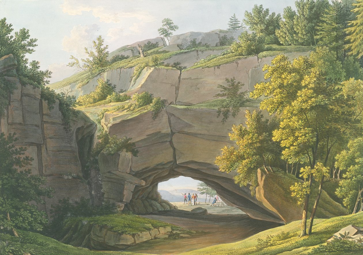 Kilátás a híres Kuhstall-barlangra Szász-Svájcban (metszet wc-vel) alkotó: Christian Gottlob Hammer