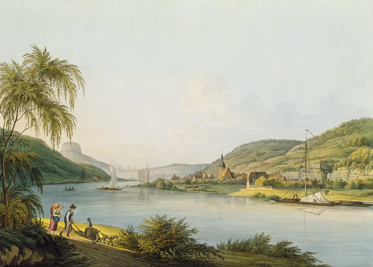 Kilátás Schandau déli részére az Elba partján, Szászországban, Csehország határán (akvarell metszet) alkotó: Christian Gottlob Hammer