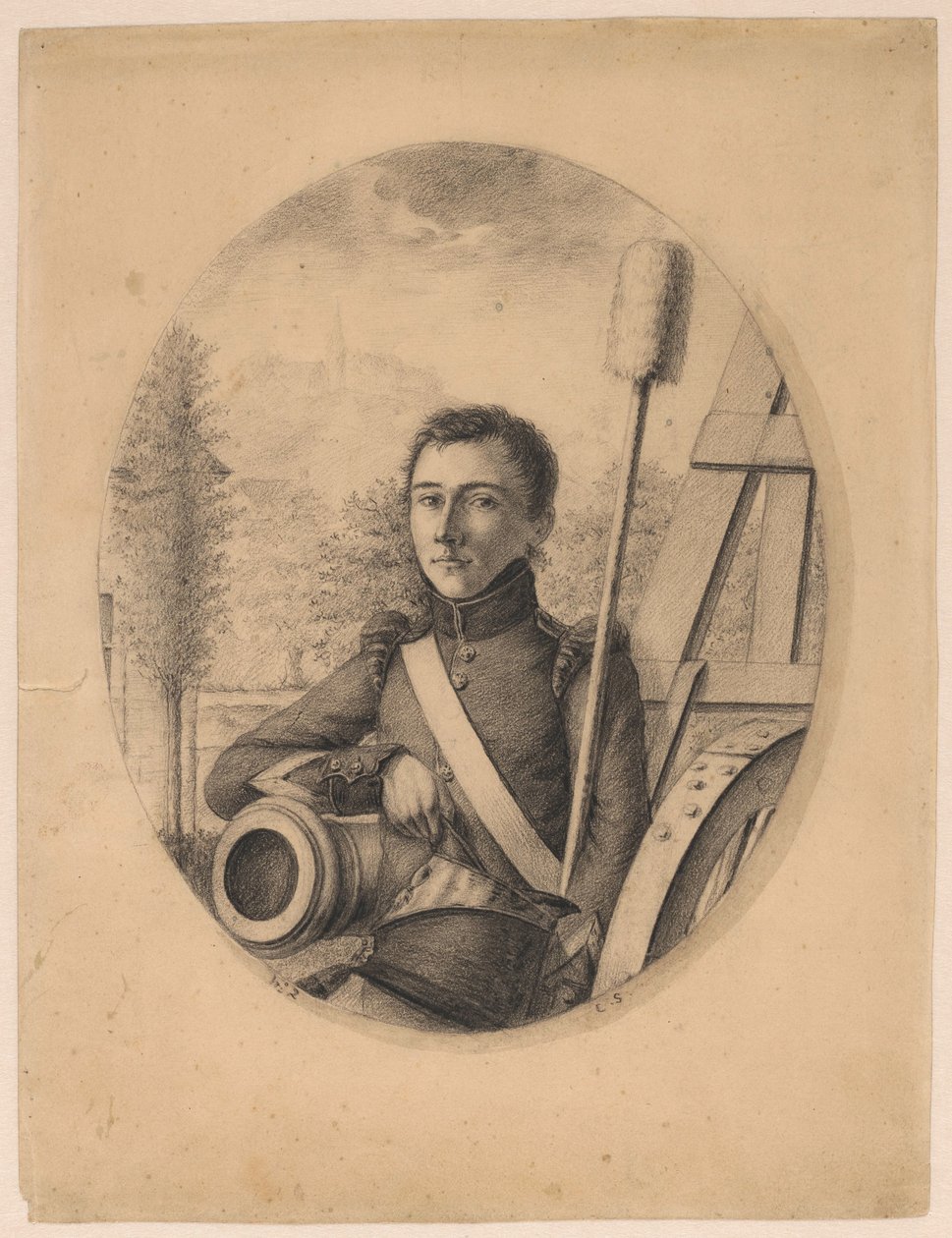 Fiatal katona portréja, jobb kezében kepi, ágyúcsőre támaszkodva (önarckép?) alkotó: Christian Heinrich Gottlieb Steuerwald