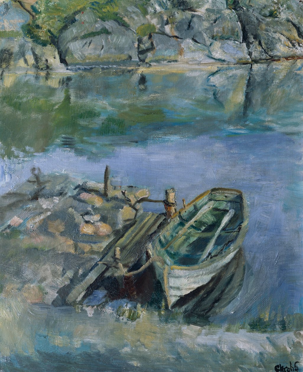 Evezős csónak rakparttal alkotó: Christian Krohg