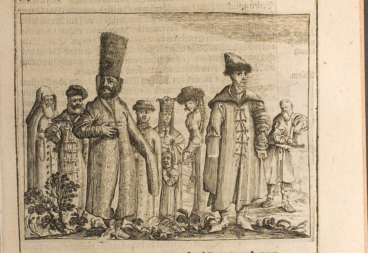 A moszkoviták hagyományos öltözete Illusztráció a Moszkvai nagyherceghez és a rokonokhoz való utazásokból alkotó: Christian Lorenzen Rothgiesser