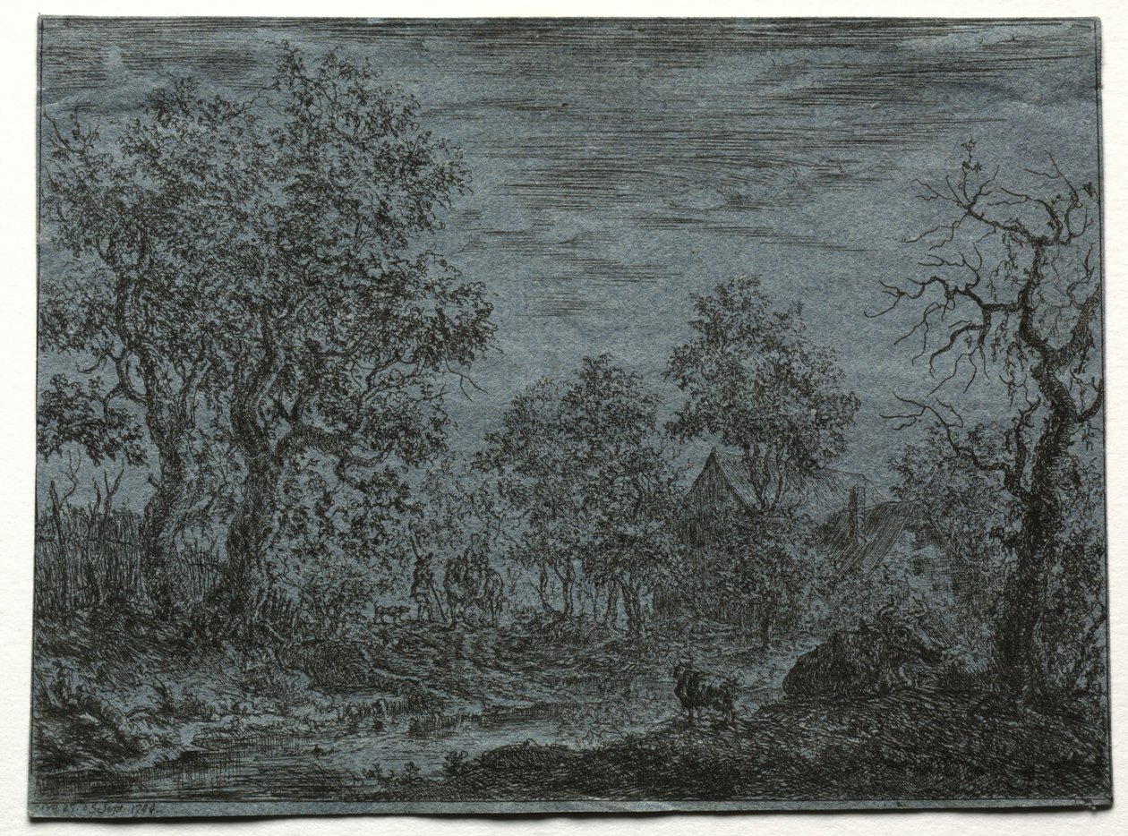 Kis folyó az előtérben tehénnel és kecskével, 1744. alkotó: Christian Ludwig von Hagedorn