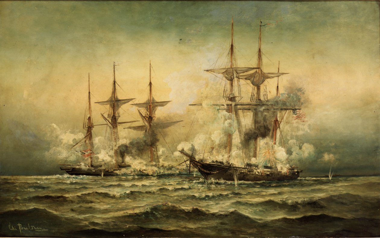Kearsarge és Alabama a franciaországi Cherbourg kikötőnél, 1864. június 19., 1870 körül alkotó: Christian Poulsen