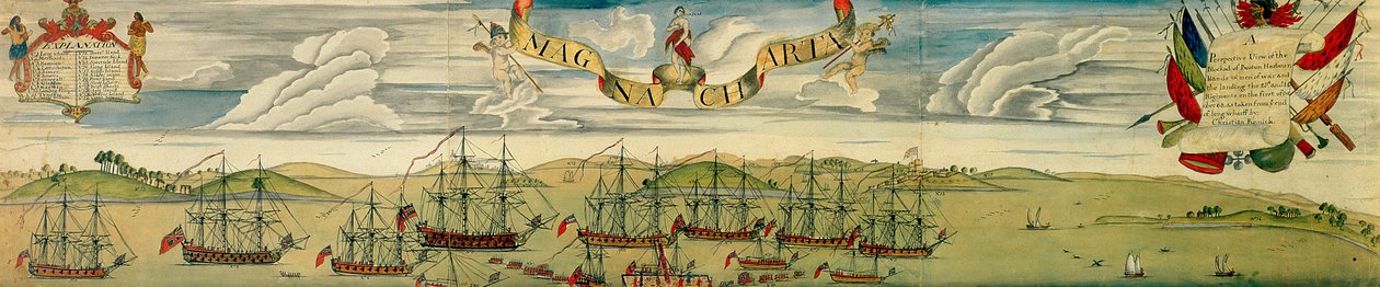 A bostoni kikötő blokádjának perspektivikus látképe, 1768 körül (wc, papír) alkotó: Christian Remick