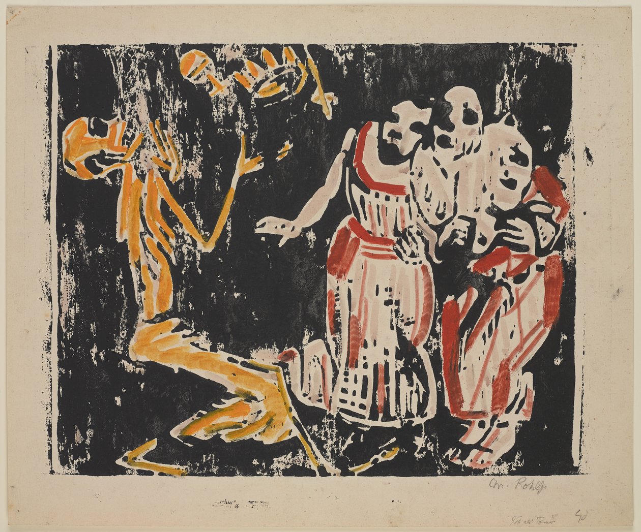 A halál mint zsonglőr (Forradalom) (Tod als Jongleur [Forradalom]), 1918–1919 (színes fametszet sárga, piros és fekete színben nehéz szőtt papíron) alkotó: Christian Rohlfs