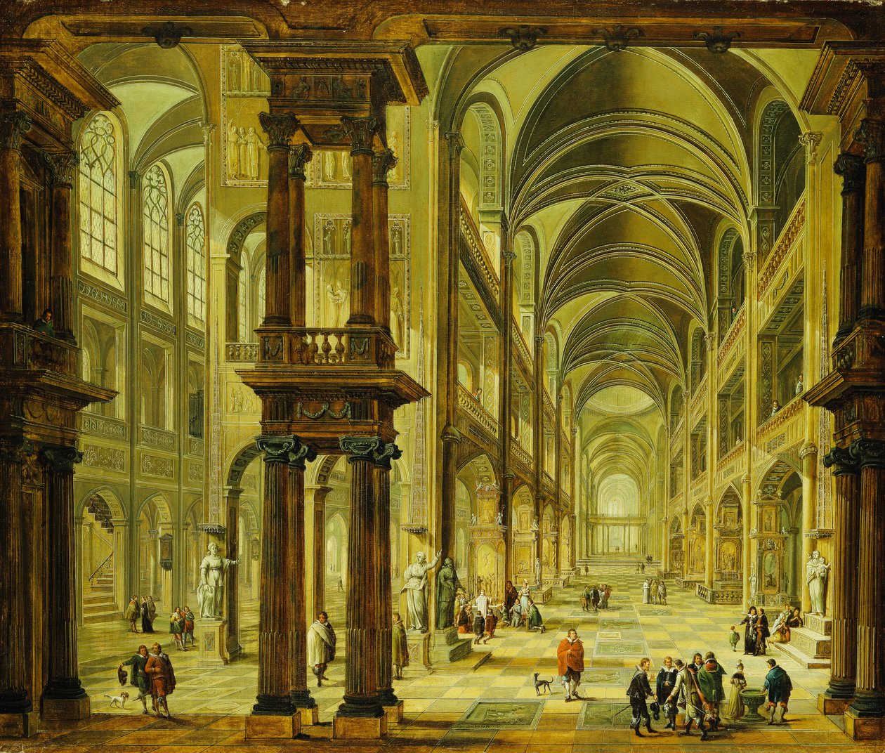 Egy képzeletbeli templombelső alakokkal, alkotó: Christian Stocklin