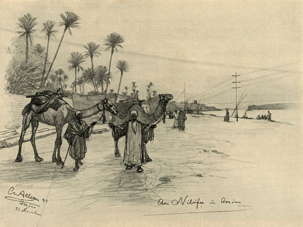 Tevehajtók a Nílus partján Asszuánban, Egyiptomban, 1898. alkotó: Christian Wilhelm Allers