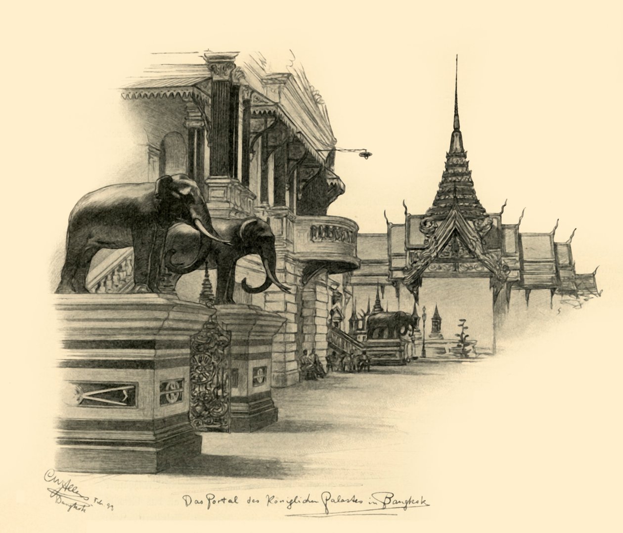 A királyi palota bejárata Bangkokban, Sziámban, 1898. alkotó: Christian Wilhelm Allers