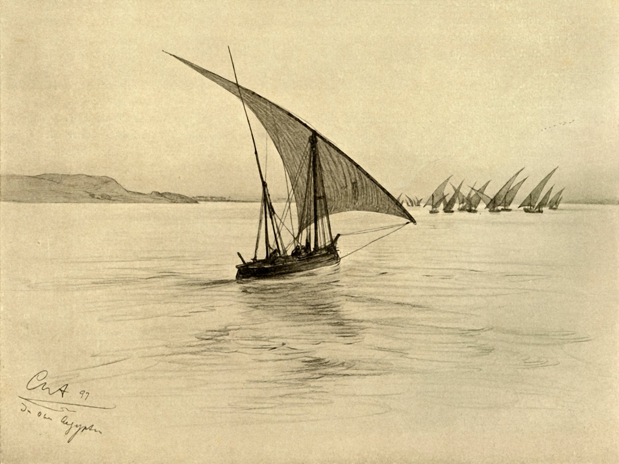 Feluccas a Níluson, Kairó, Egyiptom, 1898. alkotó: Christian Wilhelm Allers