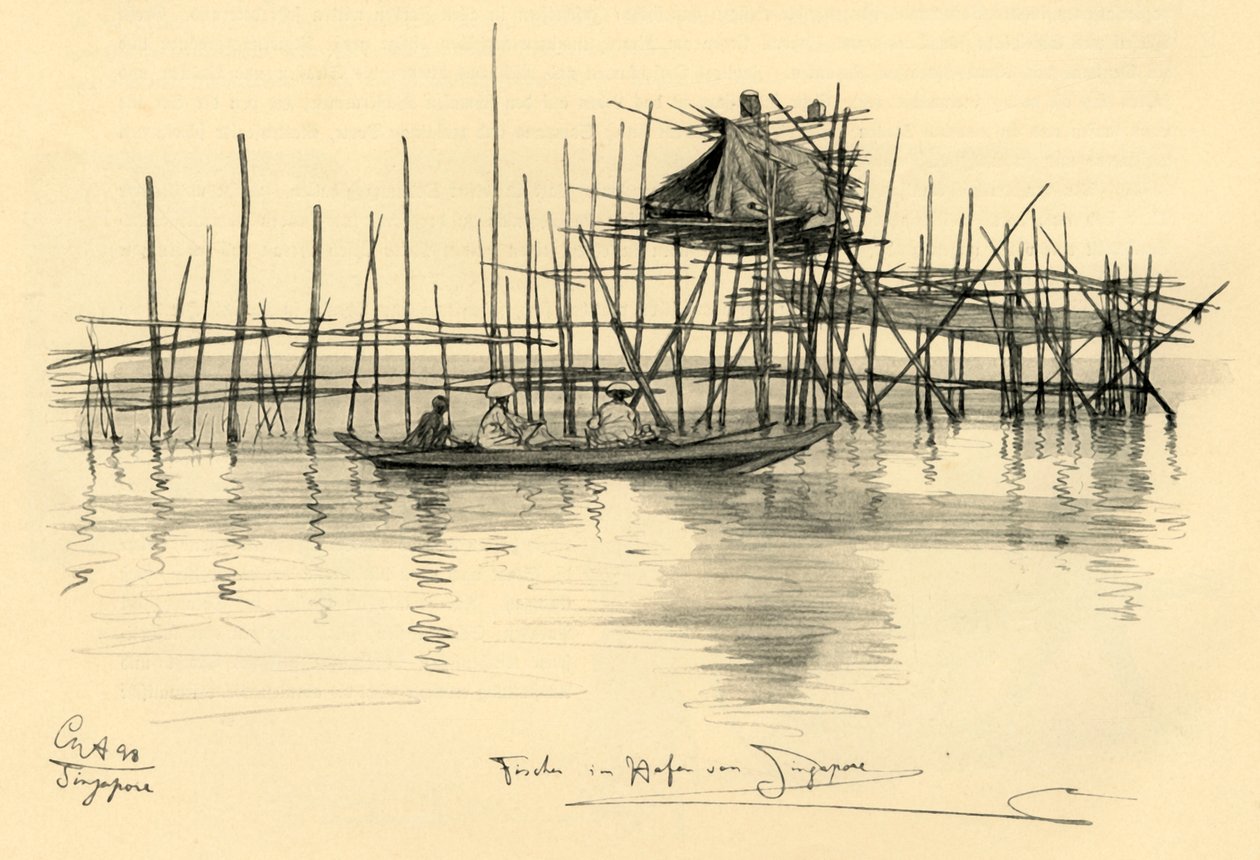 Cölöpökön álló ház és halászok a szingapúri kikötőben, 1898. alkotó: Christian Wilhelm Allers