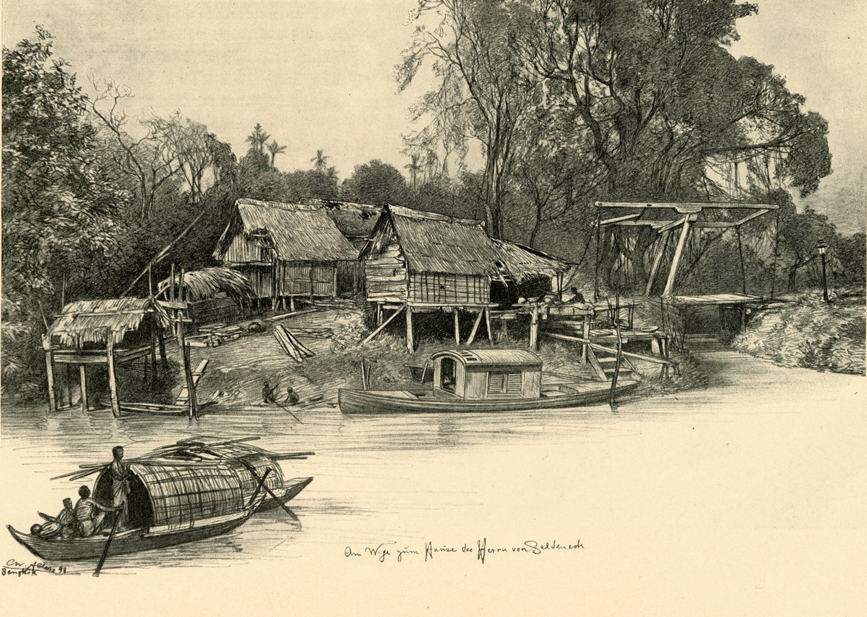 Cölöpökön álló házak, Bangkok, Sziám, 1898. alkotó: Christian Wilhelm Allers