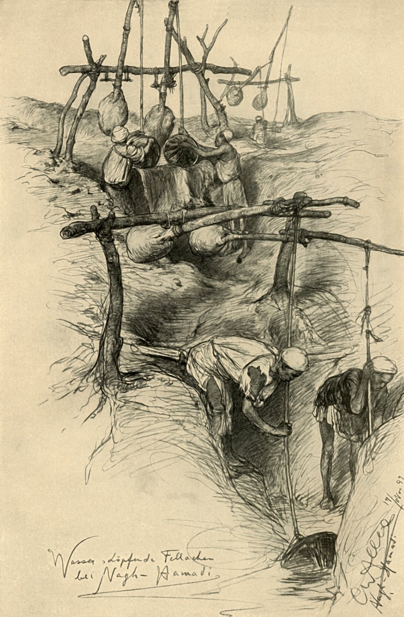 Víz kiemelése a Nílusból egy shadouf segítségével, Nag Hammadi, Egyiptom, 1898. alkotó: Christian Wilhelm Allers