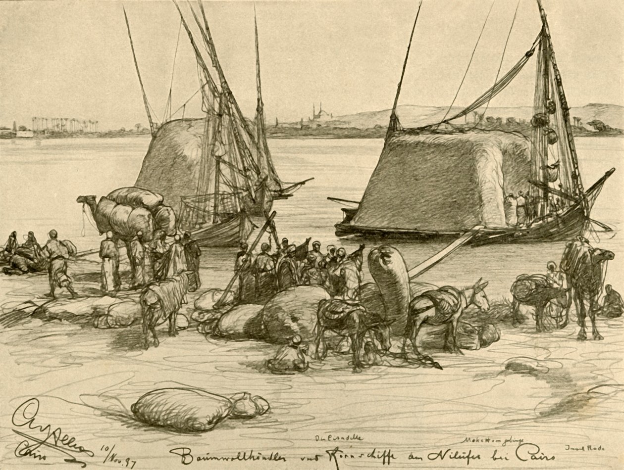 Gyapot betöltése gabonahajókra, Nílus, Kairó, Egyiptom, 1898. alkotó: Christian Wilhelm Allers