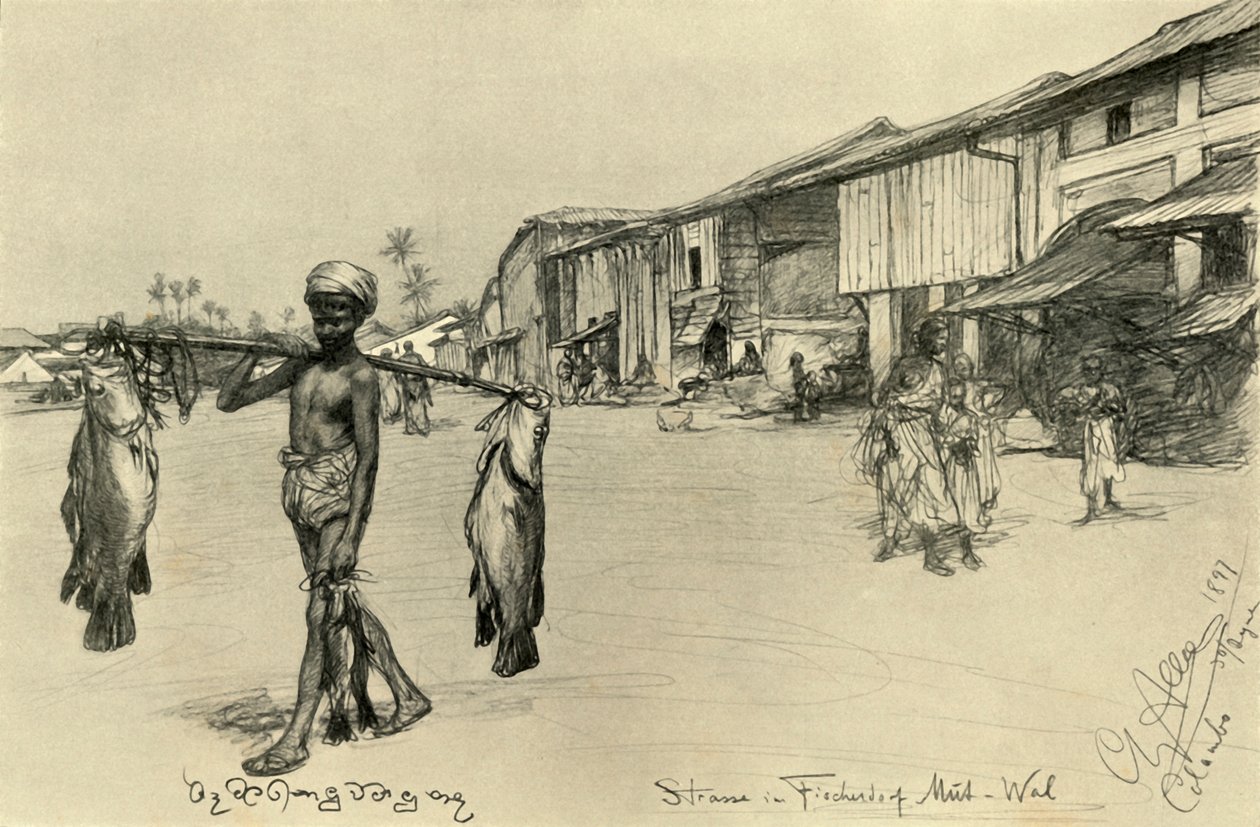 Utcai jelenet egy halászfaluban, Mutwal, Ceylon, 1898. alkotó: Christian Wilhelm Allers