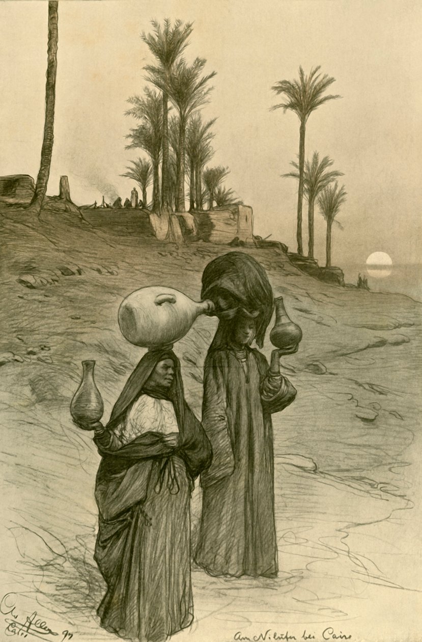 Vízedényeket cipelő nők a Nílus partján, Kairó, Egyiptom, 1898. alkotó: Christian Wilhelm Allers