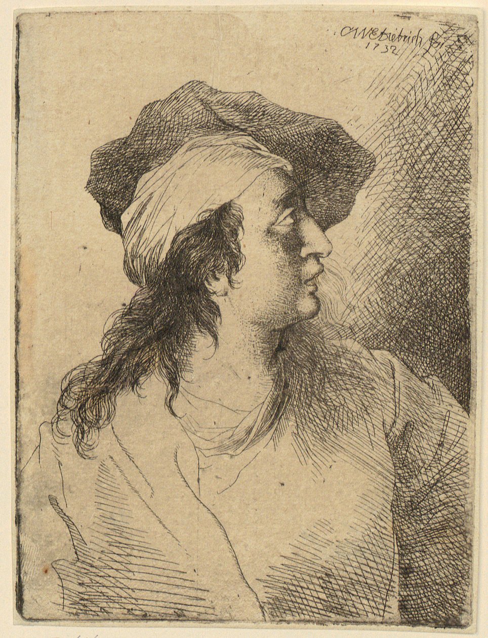 Fiatal nő mellképe sapkában, jobbra néző profilban alkotó: Christian Wilhelm Ernst Dietrich