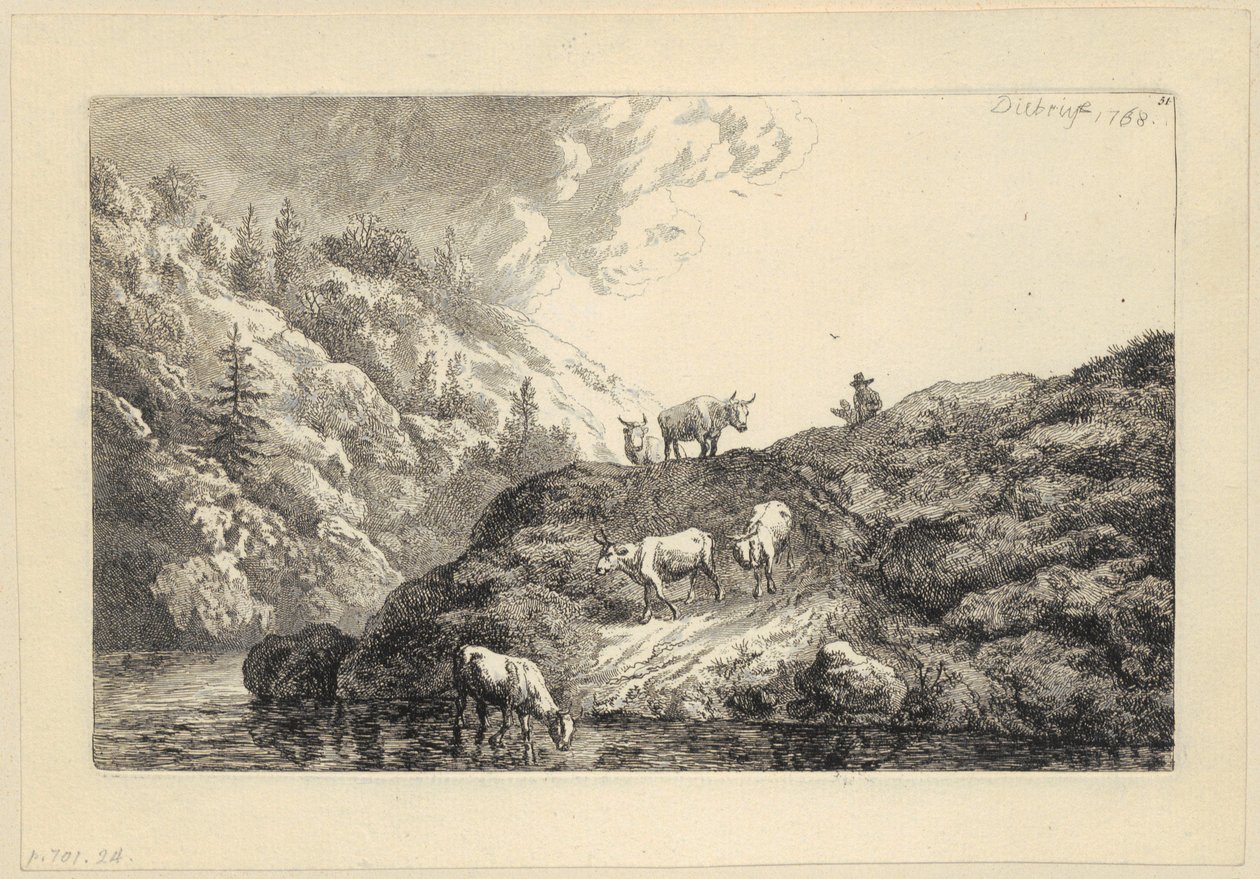 Állatcsorda a folyónál [Itatóhoz hajtott ökrök] alkotó: Christian Wilhelm Ernst Dietrich