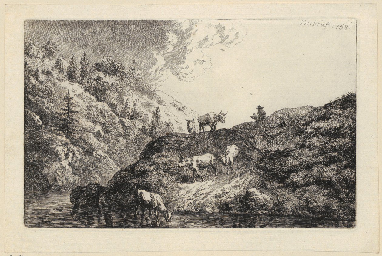 Állatcsorda a folyónál [Itatáshoz hajtott ökrök] alkotó: Christian Wilhelm Ernst Dietrich