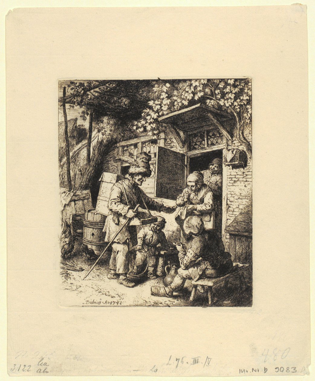 Ülő férfi félalakja tollas kalappal és bal kezében szemüveggel alkotó: Christian Wilhelm Ernst Dietrich