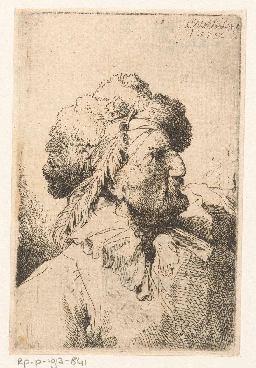 Férfi prémes sapkával és tollal alkotó: Christian Wilhelm Ernst Dietrich