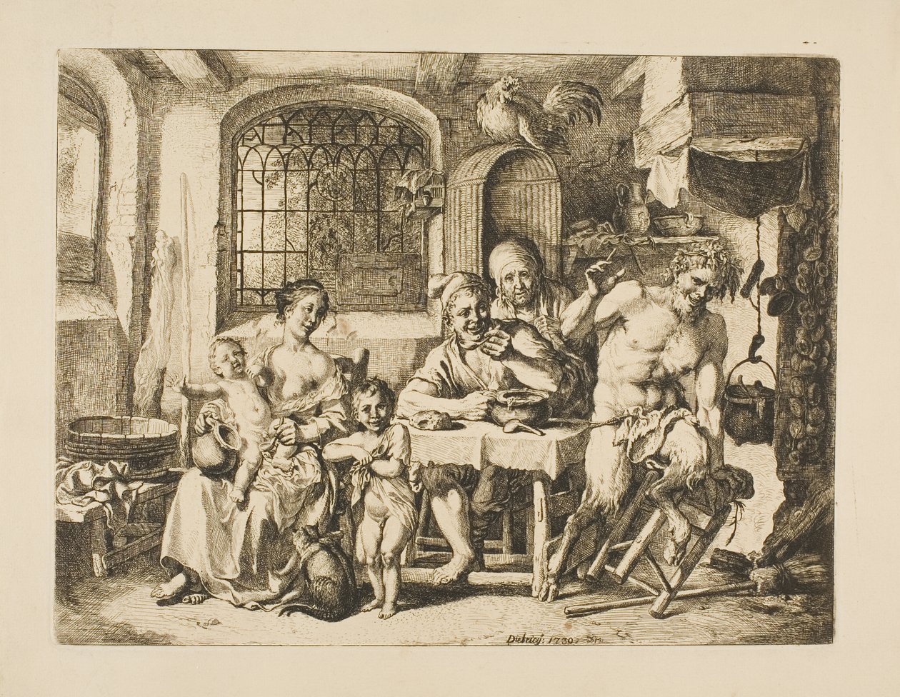 Szatír egy parasztházban, Jordaens stílusában alkotó: Christian Wilhelm Ernst Dietrich