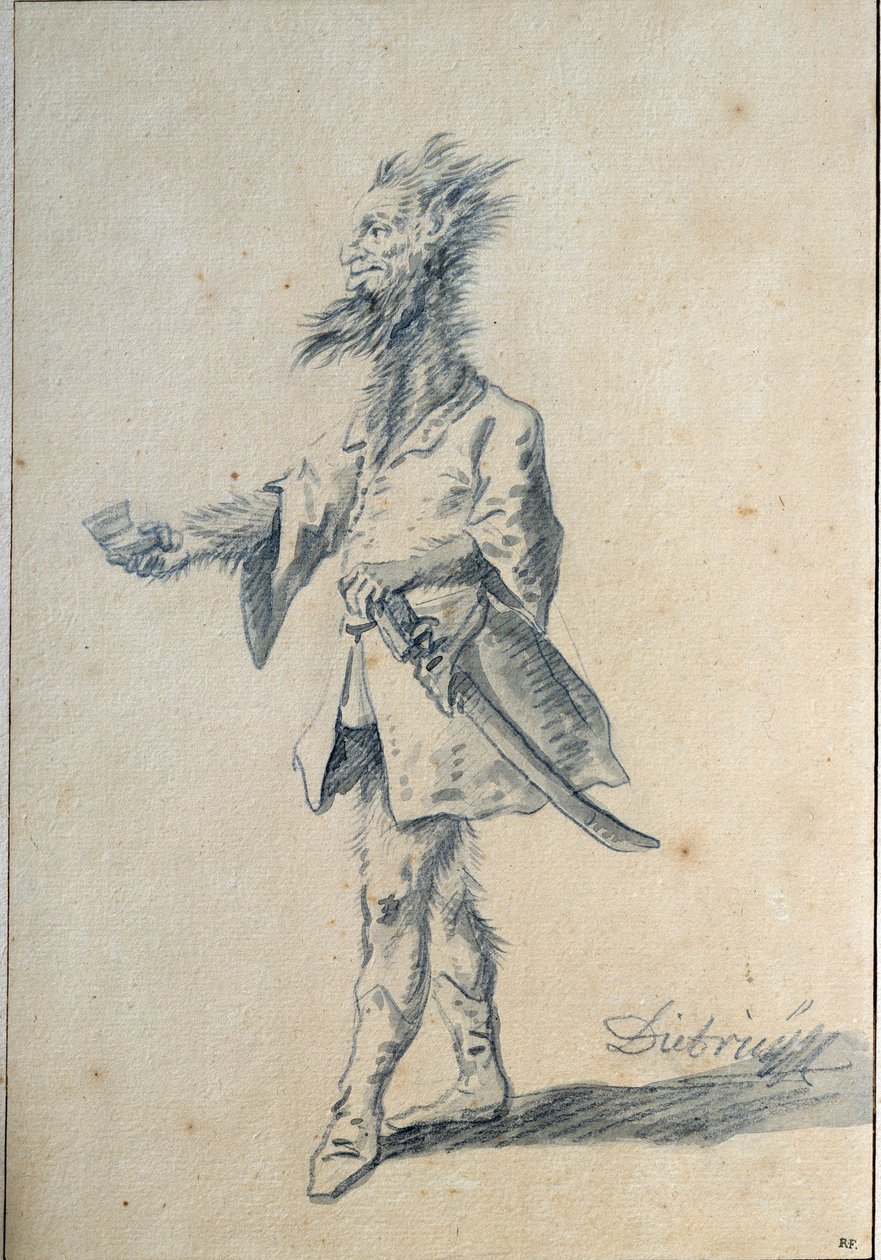 A vad ember karikatúrája egy szörnyeteg férfit ábrázol, hosszú, szőrös nyakkal és hasadt fülekkel. Lavis – Christian Wilhelm Ernst Dietrich (1712-1774) 18. századi V. 0,3x0,2 m Párizs, Louvre Múzeum alkotó: Christian Wilhelm Ernst Dietrich