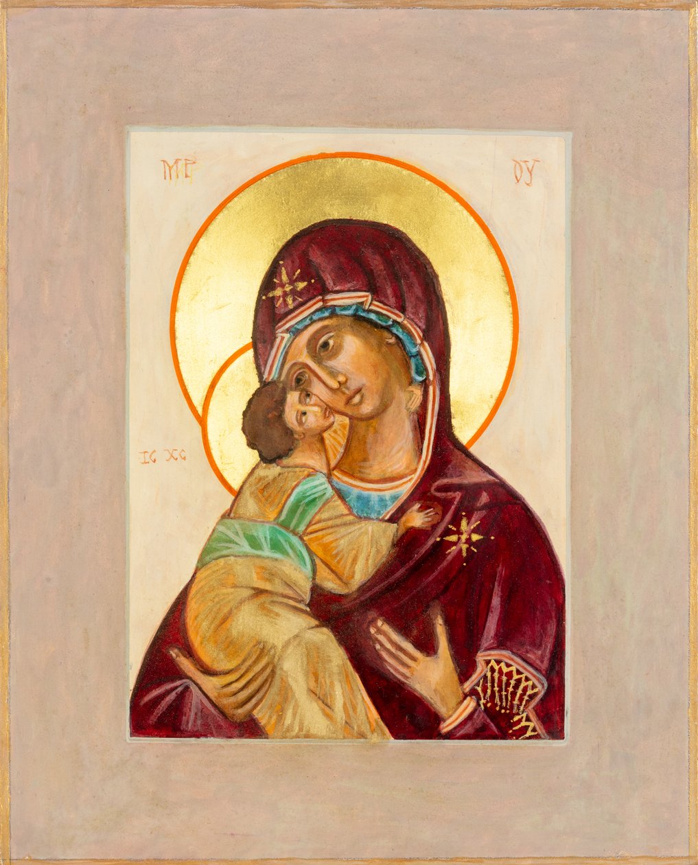Madonna és gyermek ikon, 2012 (tojástempera, fa, levélarany) alkotó: Christine Hales