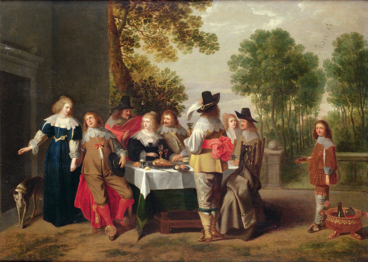 Elegáns társaság egy asztalnál ülve egy hivatalos kertben (olaj, marouflaged panel) alkotó: Christoffel Jacobsz van der Lamen
