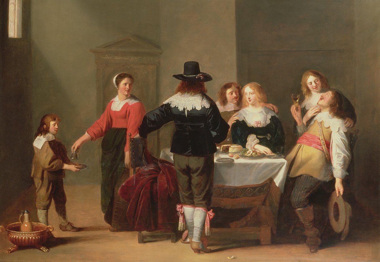 Egy őrszoba belső katonákkal, akik női társaságban esznek és isznak, 1639 alkotó: Christoffel Jacobsz van der Lamen
