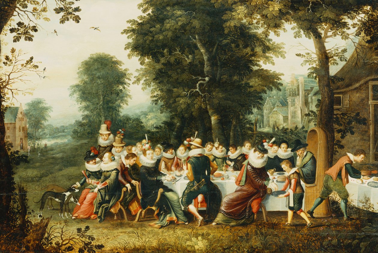 Elegáns alakok egy díszasztalnál ülve egy erdős tisztáson, alkotó: Christoffel Jacobsz van der Lamen