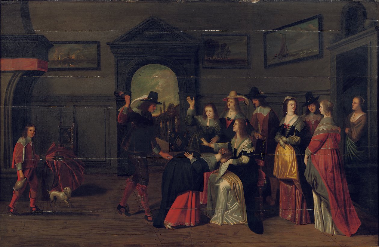 Elegáns társaság, amely a La Main Chaude játékát játszik egy belső térben alkotó: Christoffel Jacobsz van der Lamen