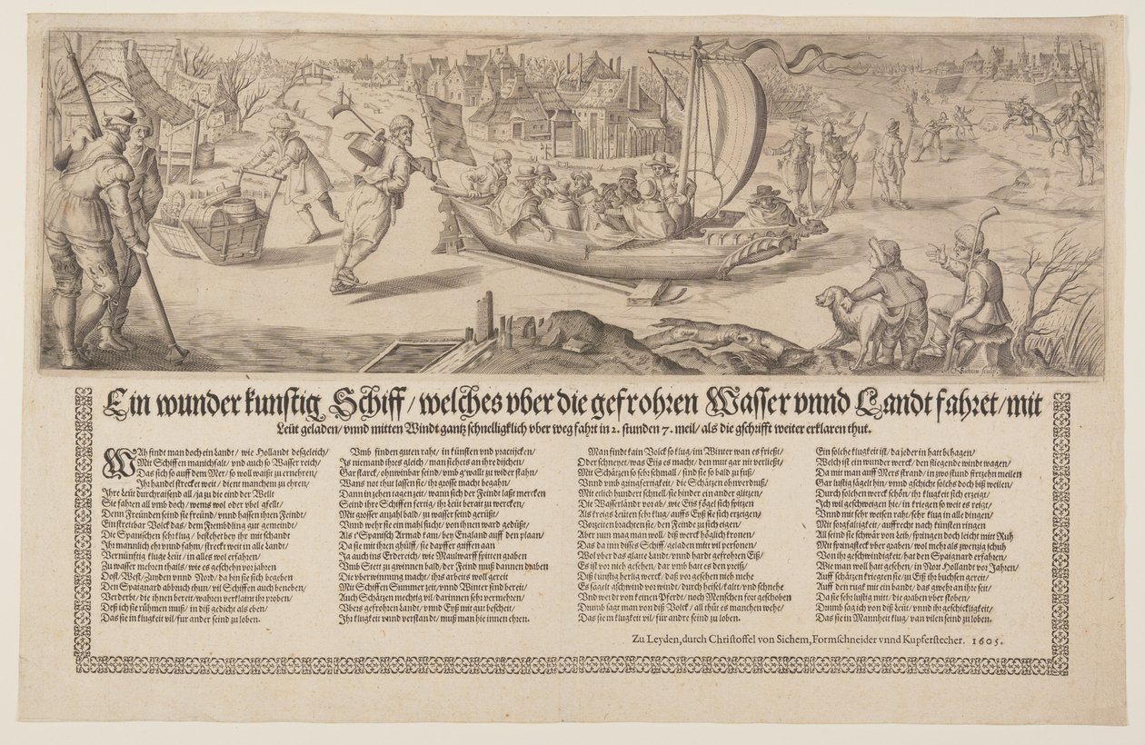 Jégen vitorlázó uszály szélesoldalas képe alkotó: Christoffel van Sichem I