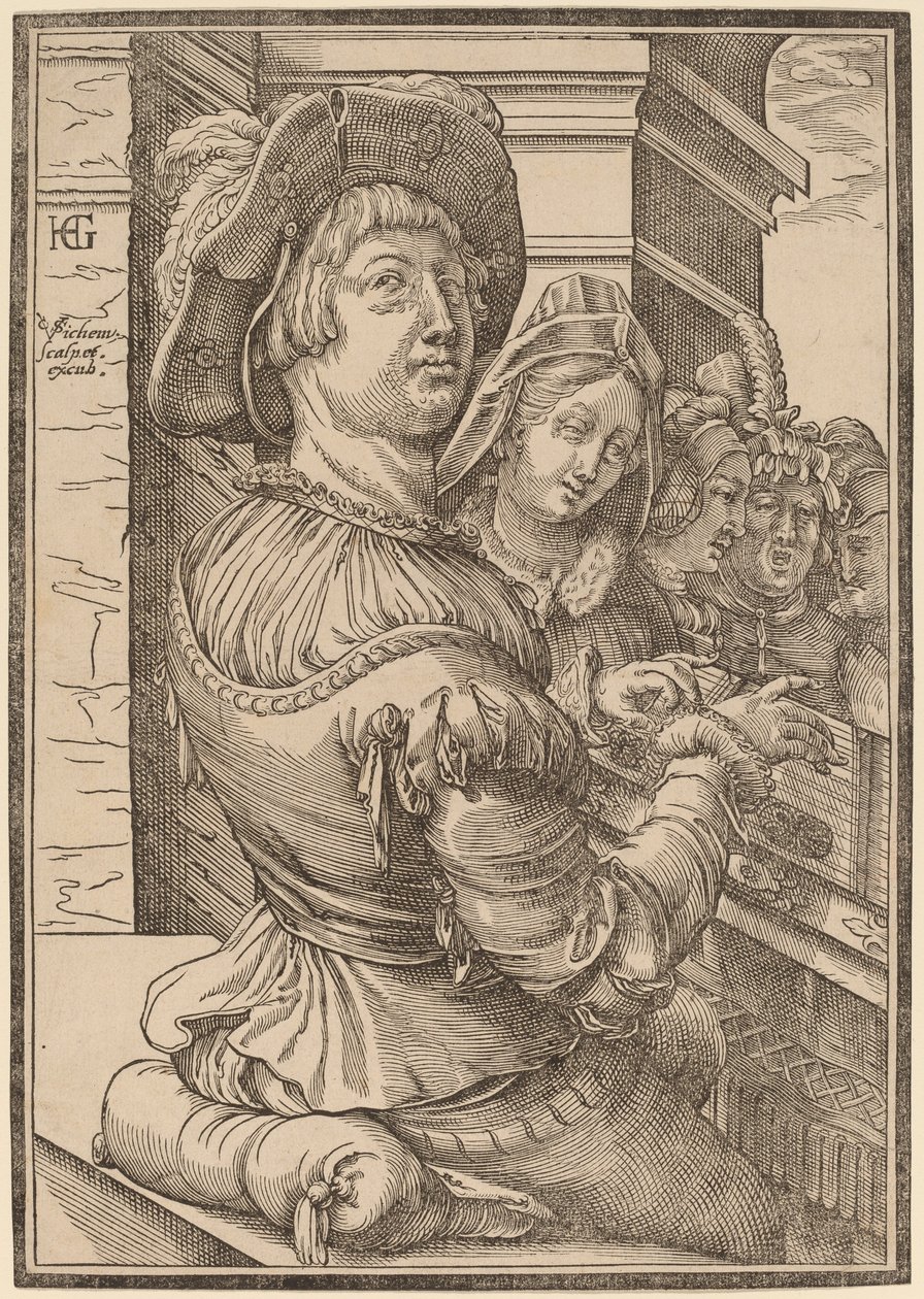 Egy fiatal férfi psaltériumot játszik alkotó: Christoffel van Sichem I after Hendrik Goltzius