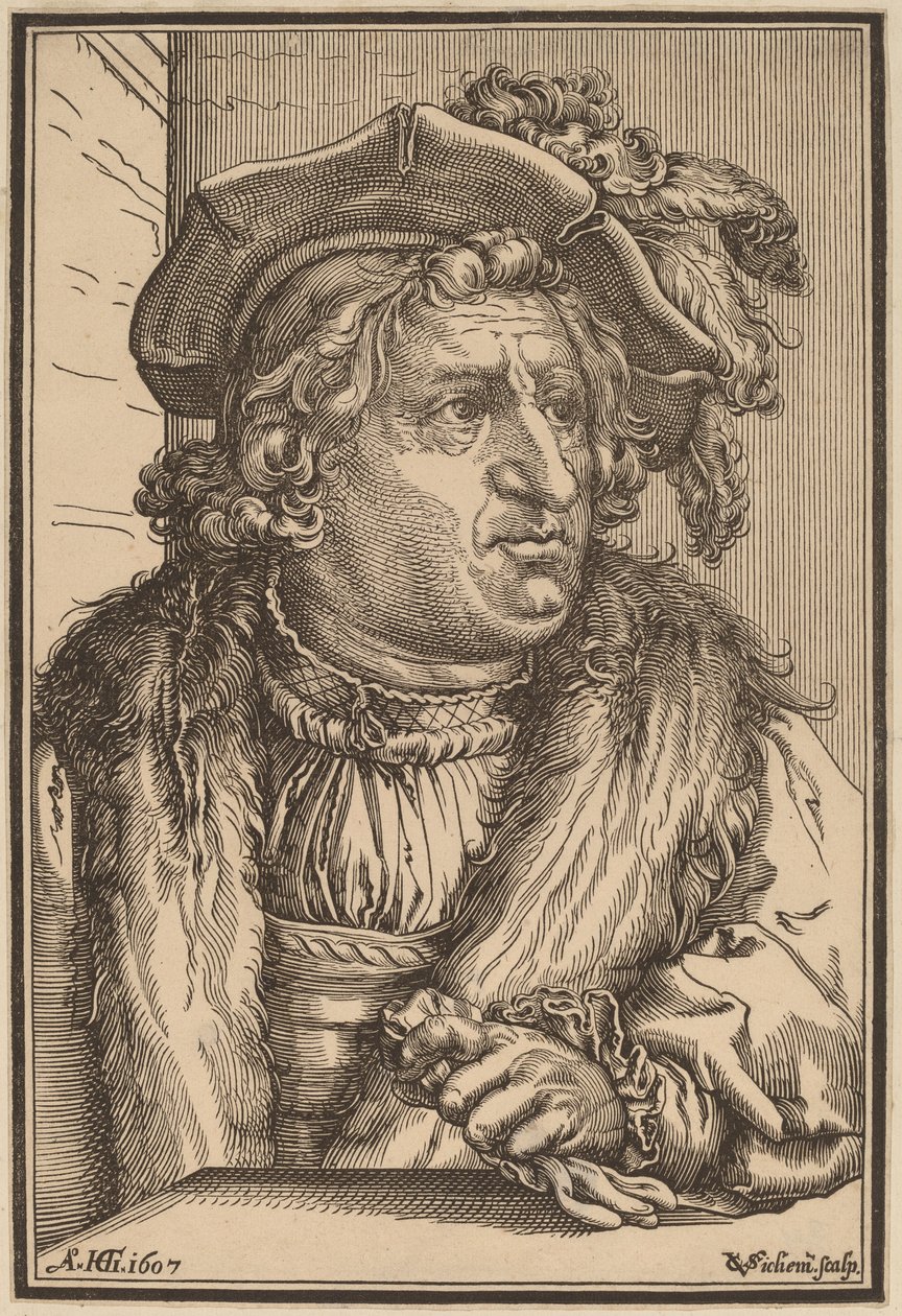 Férfi tollas sapkával alkotó: Christoffel van Sichem I after Hendrik Goltzius